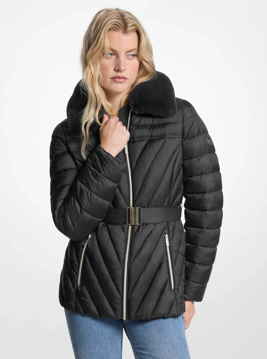 Parka Cinturón Gorro Negra Michael Kors